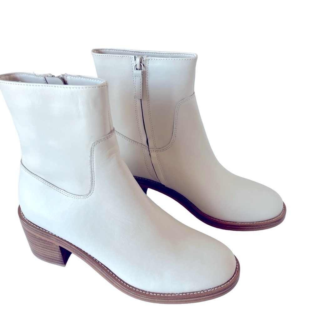 J.Crew Leather Stacked-heel Ankle Boots in Natural White Size 9 - Picture 2 of 8
